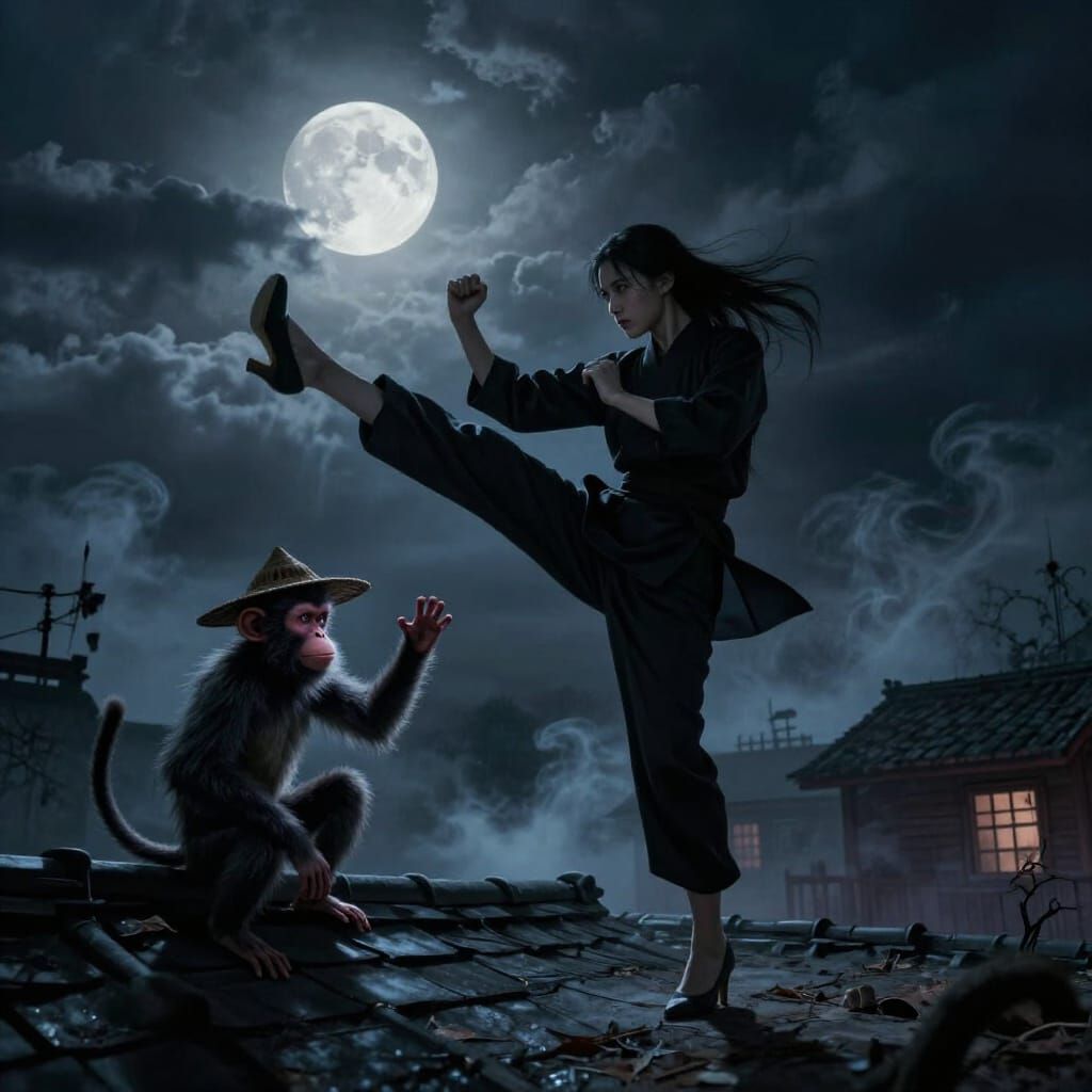 Kung Fu Woman and Monkey on Rooftop in Horror Style