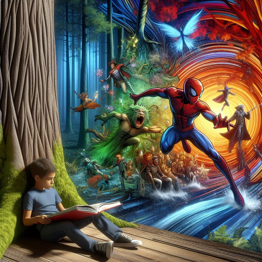 Boy Immersed in Comic Book Fantasy Forest
