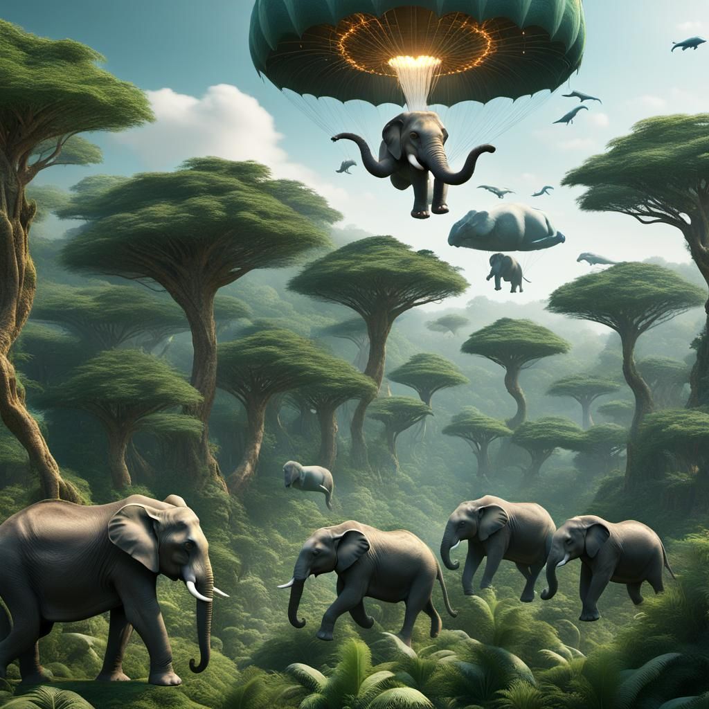 Flying Elephants, Lions, and Dolphins in Lush Forest