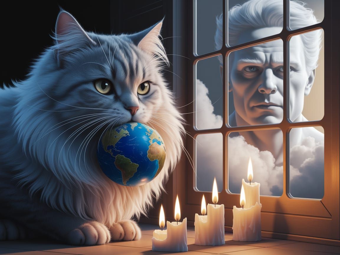 Whimsical Evil Cat Contemplates a Tiny World