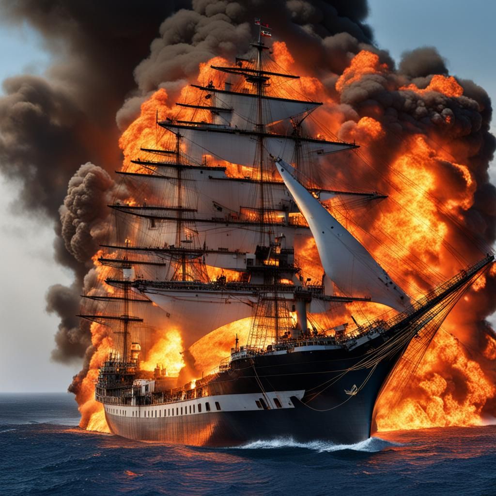 Burning Ship Attacked by Pirates: Maritime Art