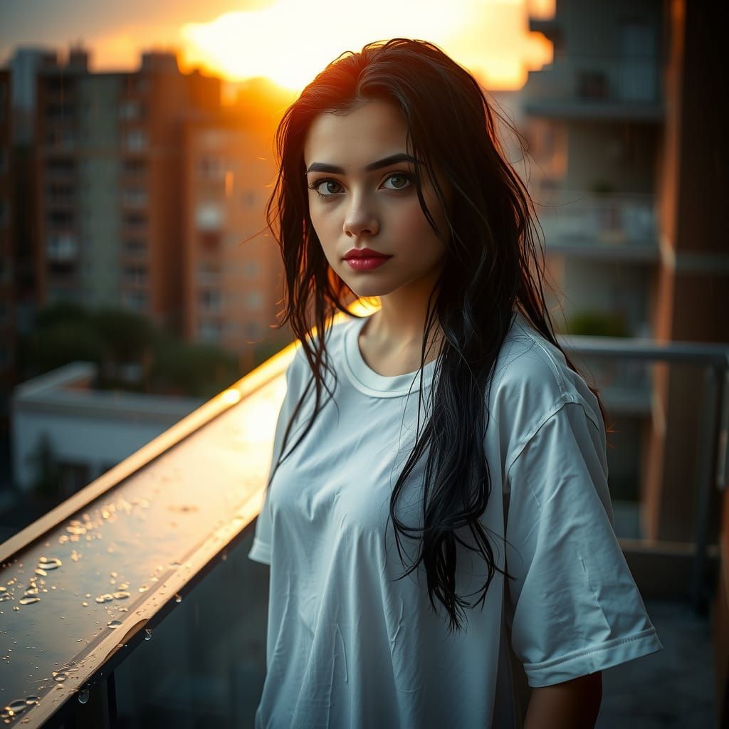 Rain-Soaked Balcony at Sunset: Cinematic Photo