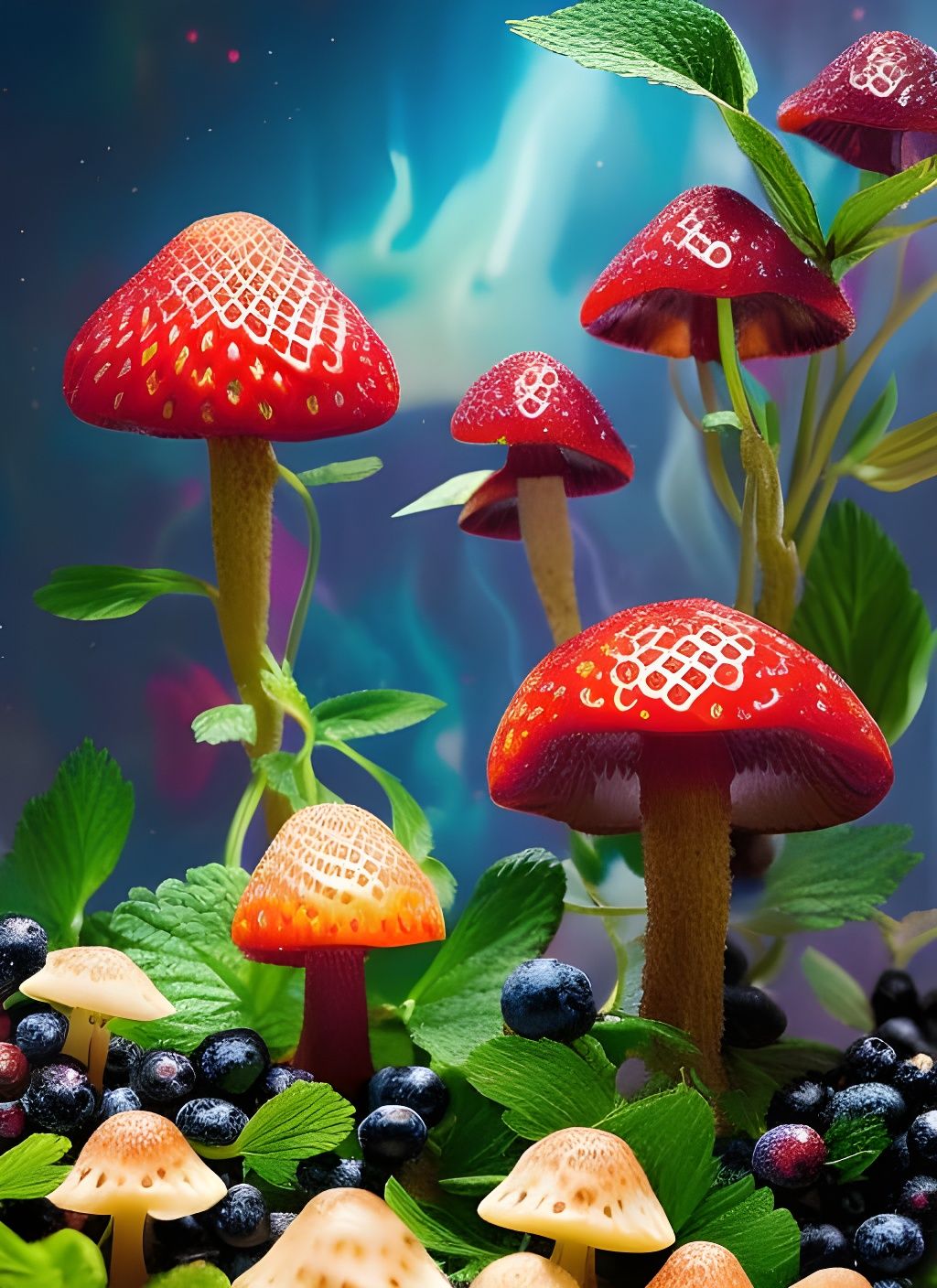 Bioluminescent Strawberry Mushrooms on Blueberry Mountain