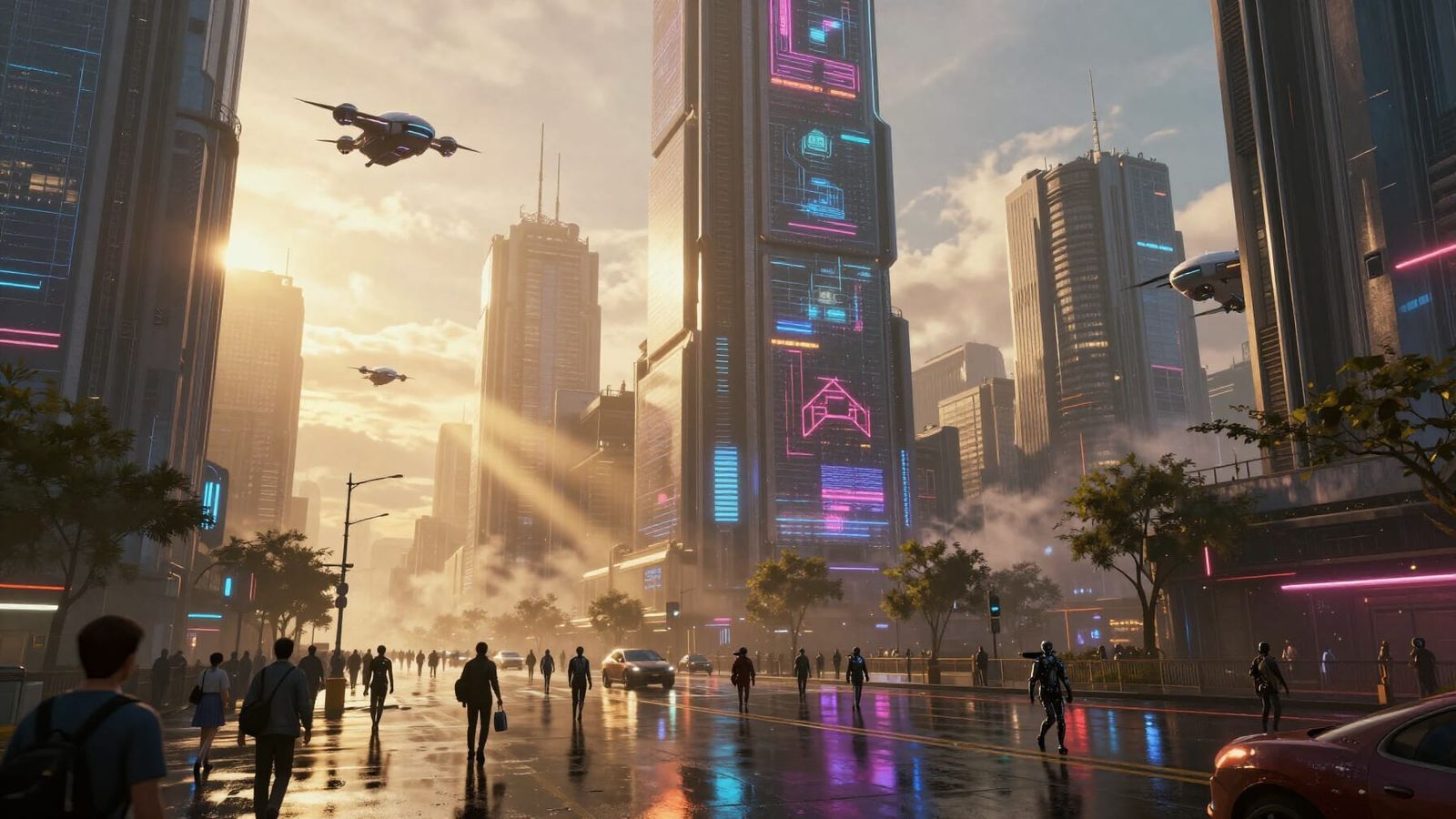 Cyberpunk Cityscape at Golden Hour with Flying Drones