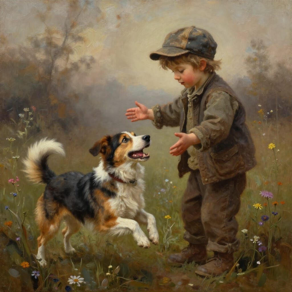 Child Welcomes Tricolor Dog in Ethereal Mist