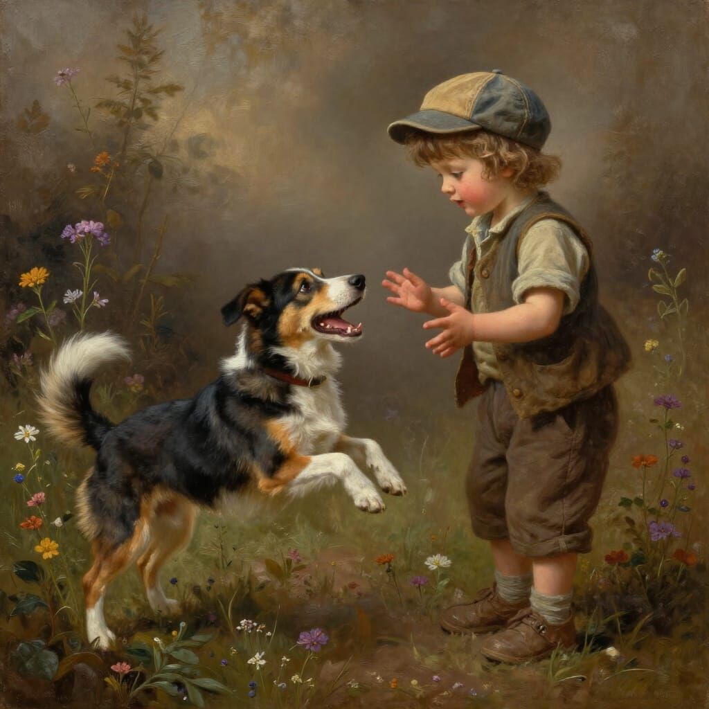Child Welcomes Joyful Dog in Oil Painting