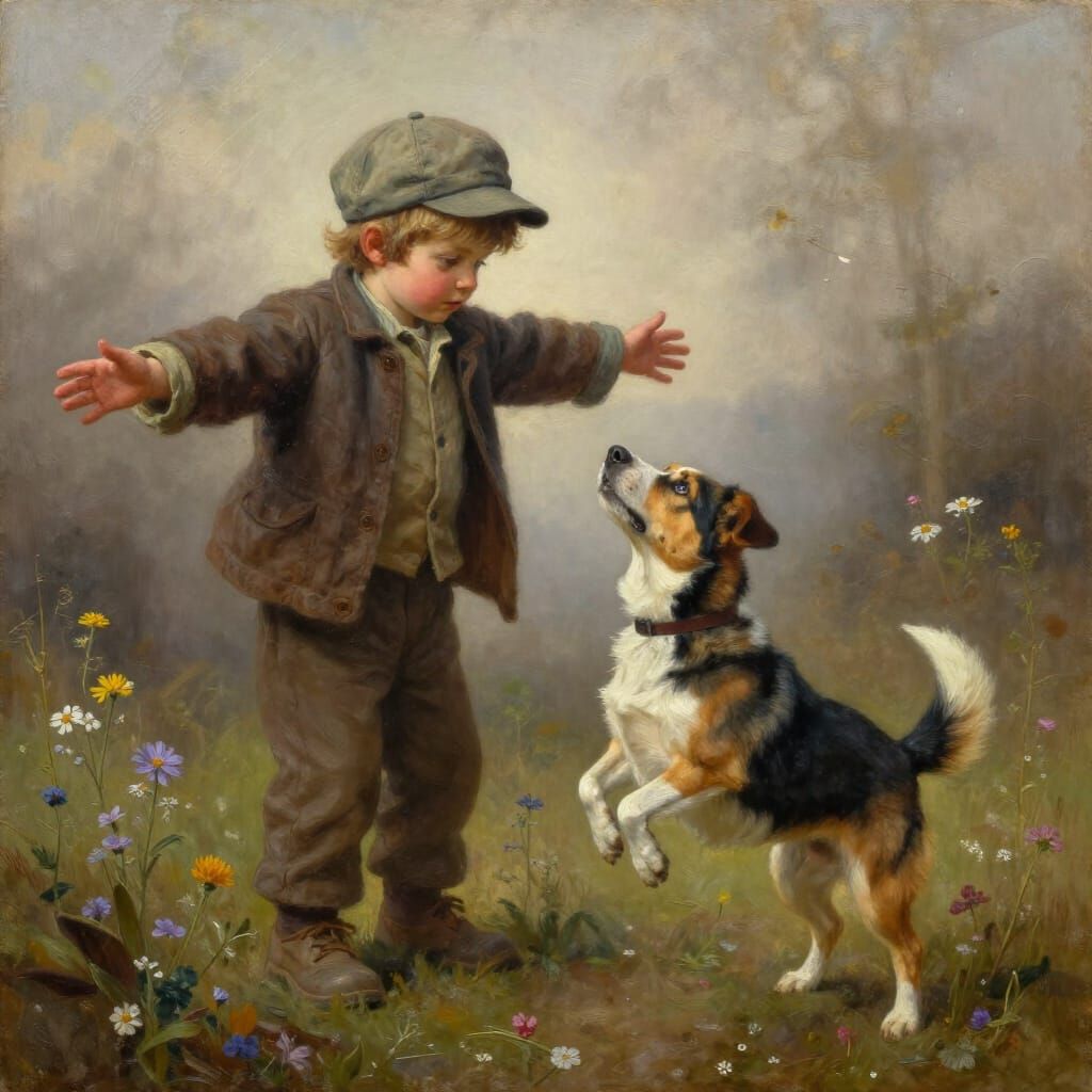 Child Welcomes Dog in Mist Oil Painting