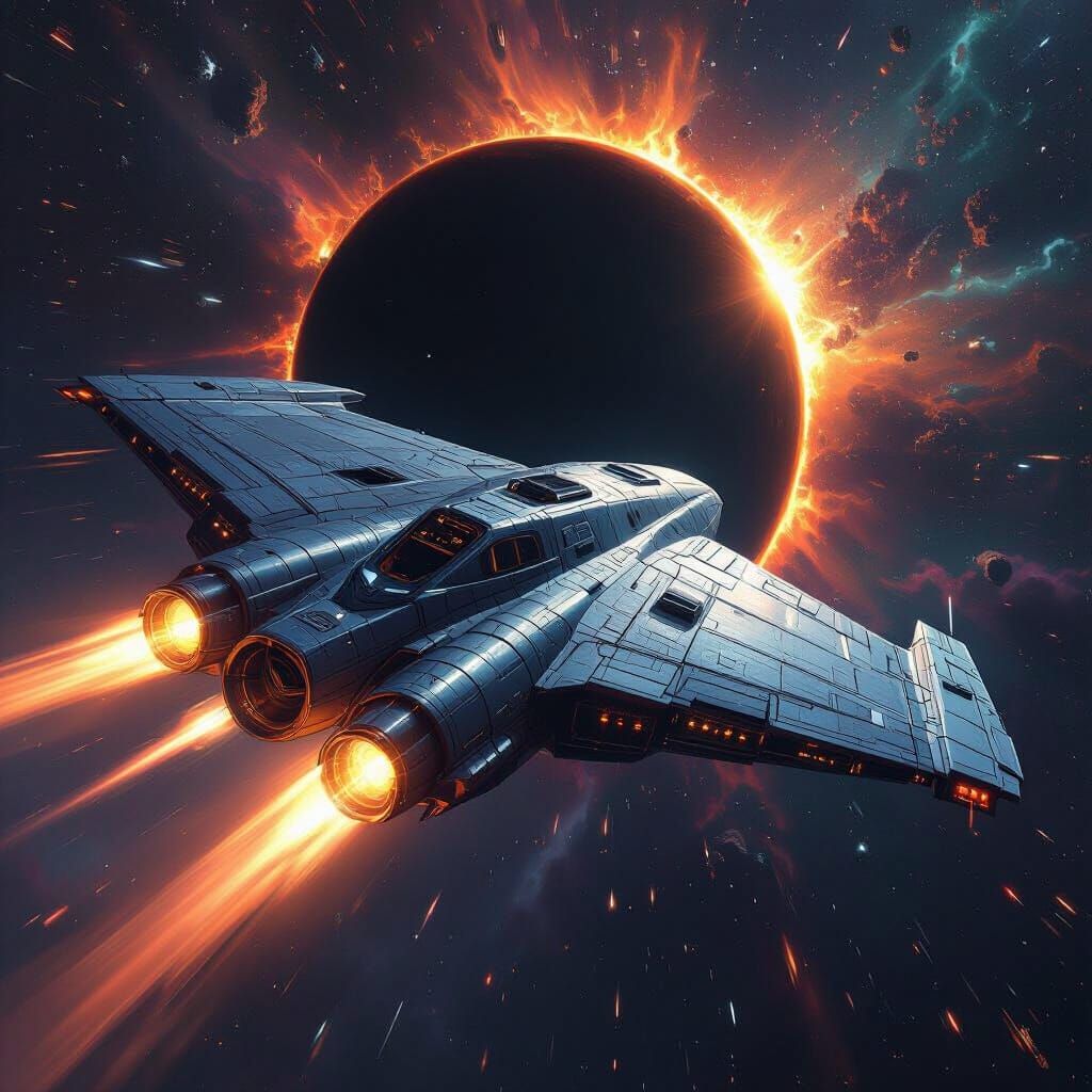 Spaceship Approaches Black Hole in Futuristic Style