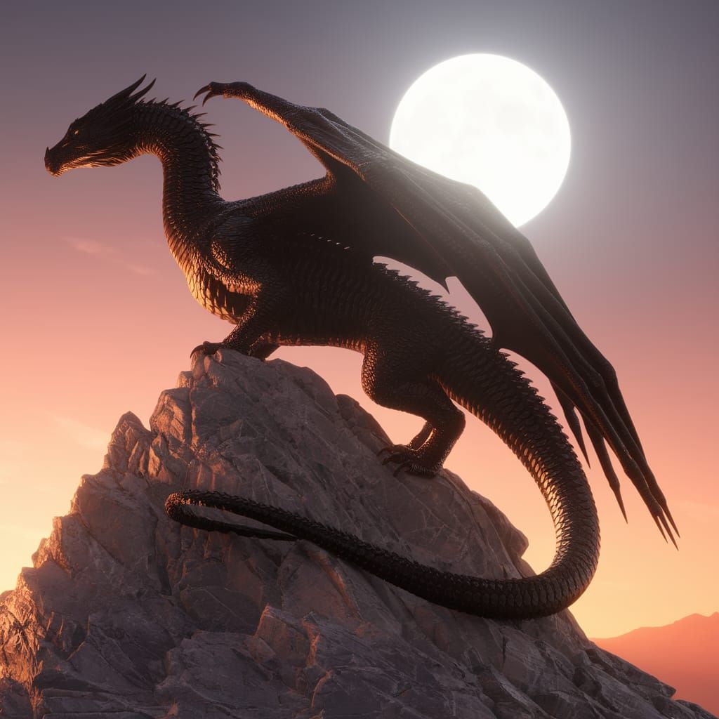 Majestic Black Dragon at Dawn in Cyberpunk 3D Rendering