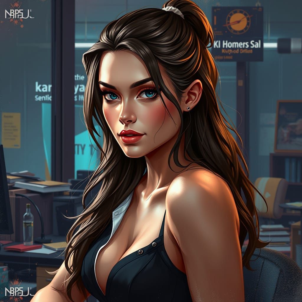 Sensual Girl at Office in Hyperrealistic Splash Art