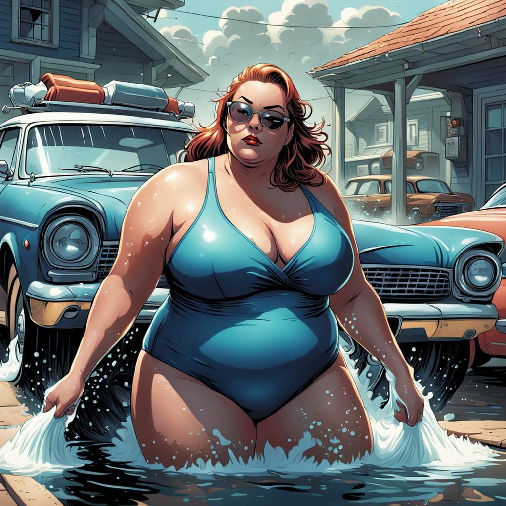 Beautiful fat girl in a swimsuit washing a car.
