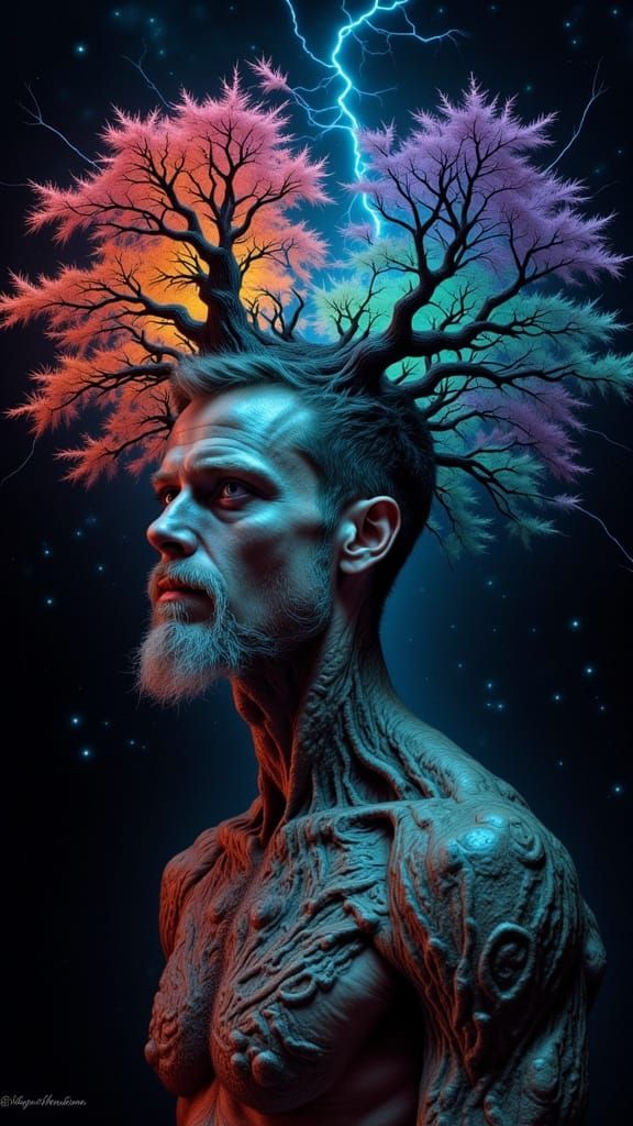 Fractal Faced Man with Bioluminescent Tree Canopy