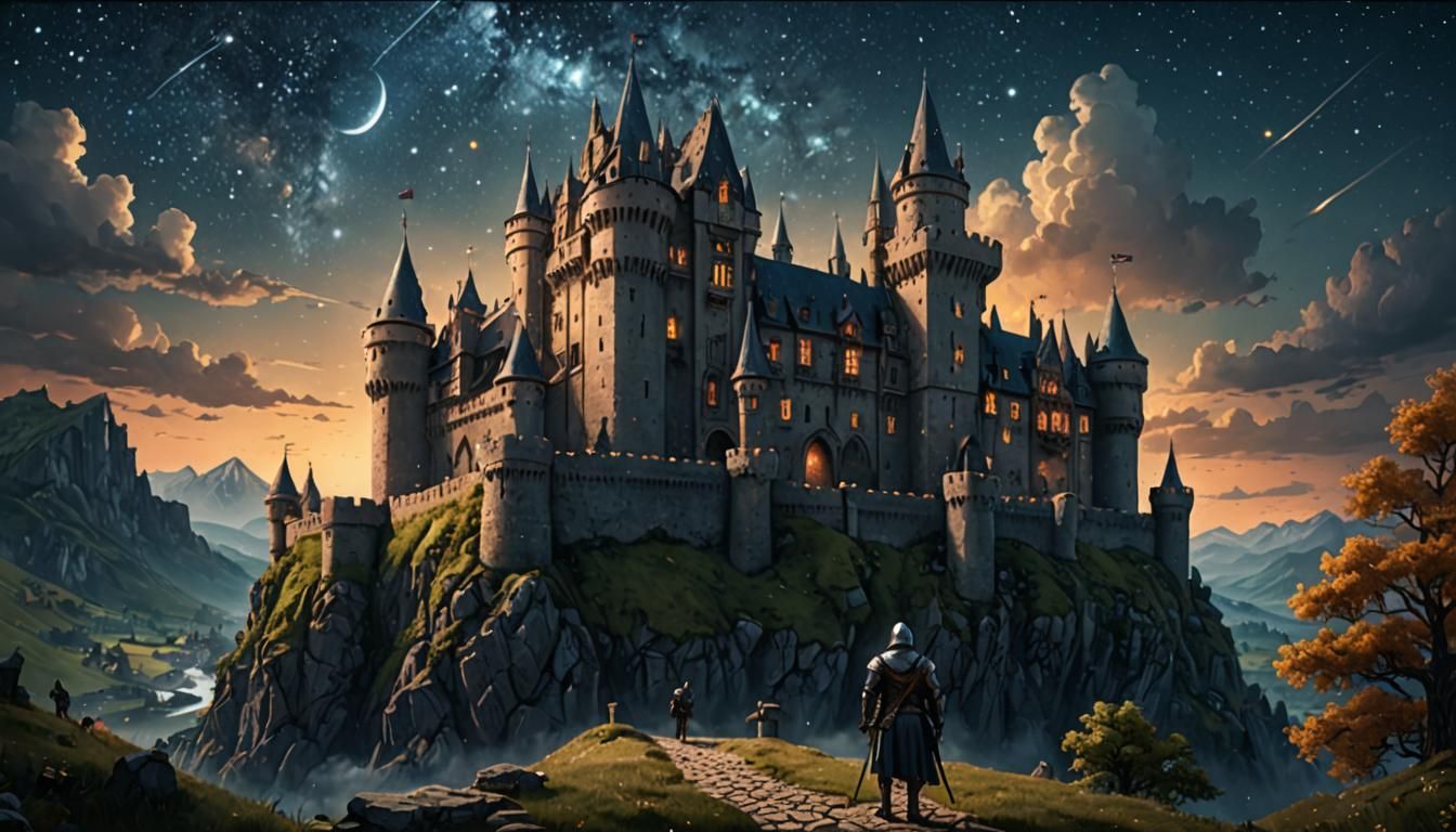 Knight Guarding Medieval Castle Under Stars