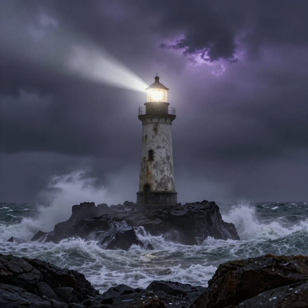 Stormy Lighthouse in Dense Fog