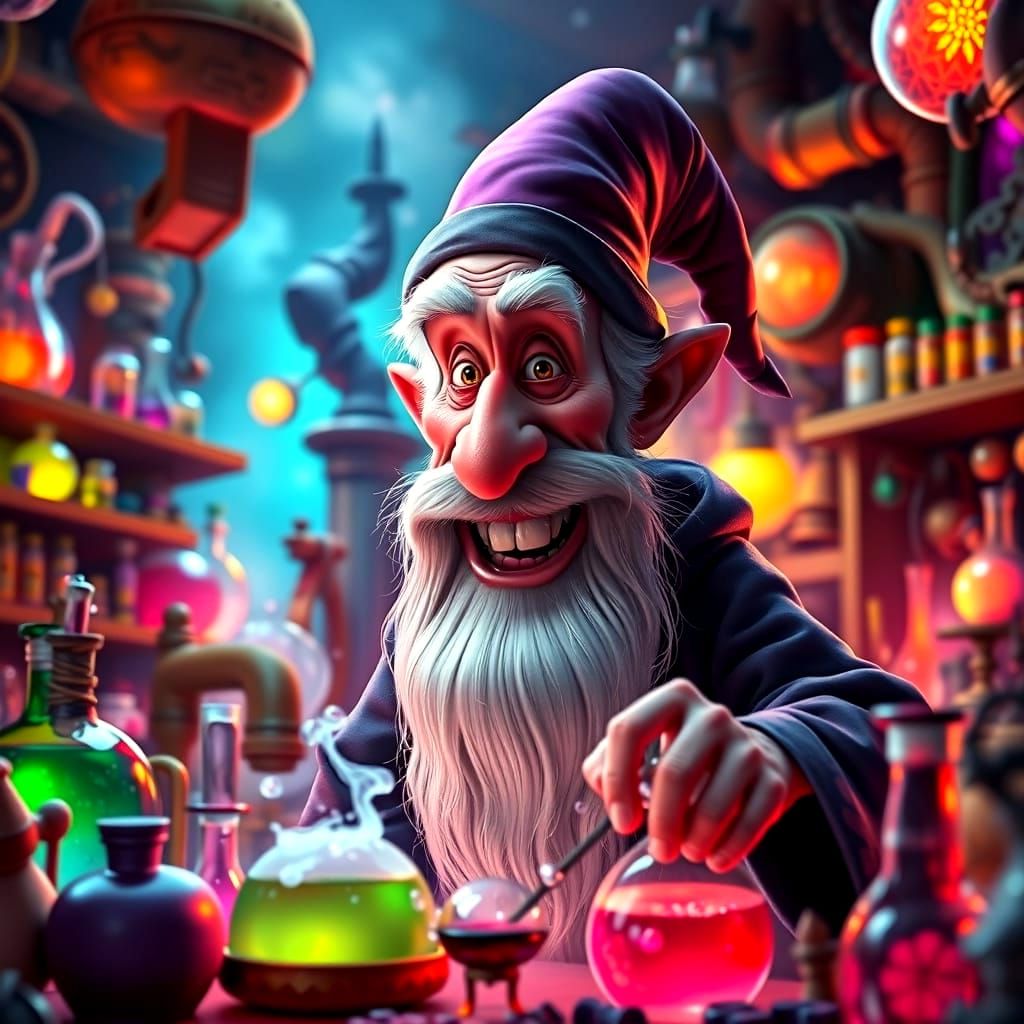 Exaggerated Wizard in Lab - Pixar Style Animation