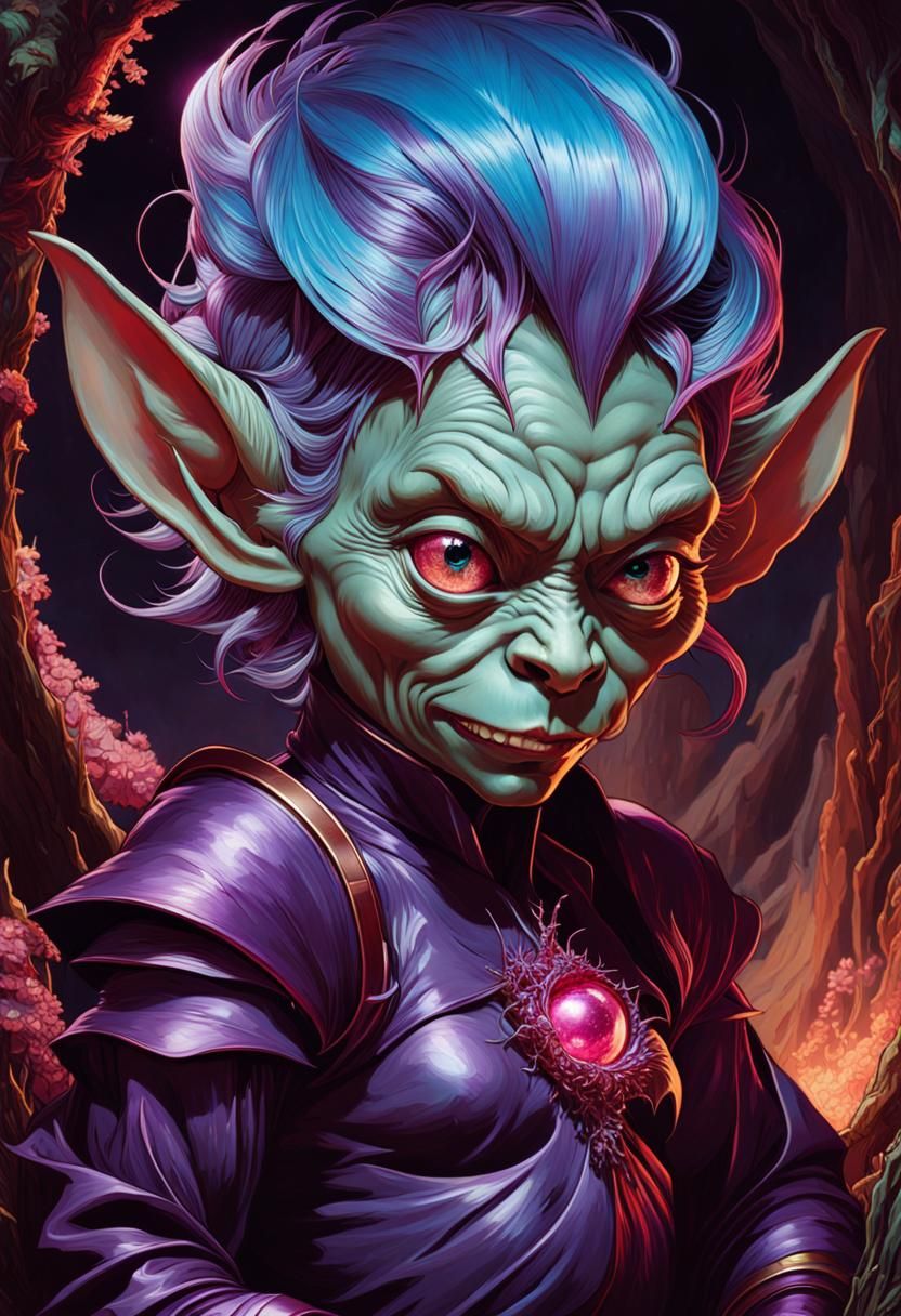 Purple Goblin Healer in Glowing Cave, Art Nouveau