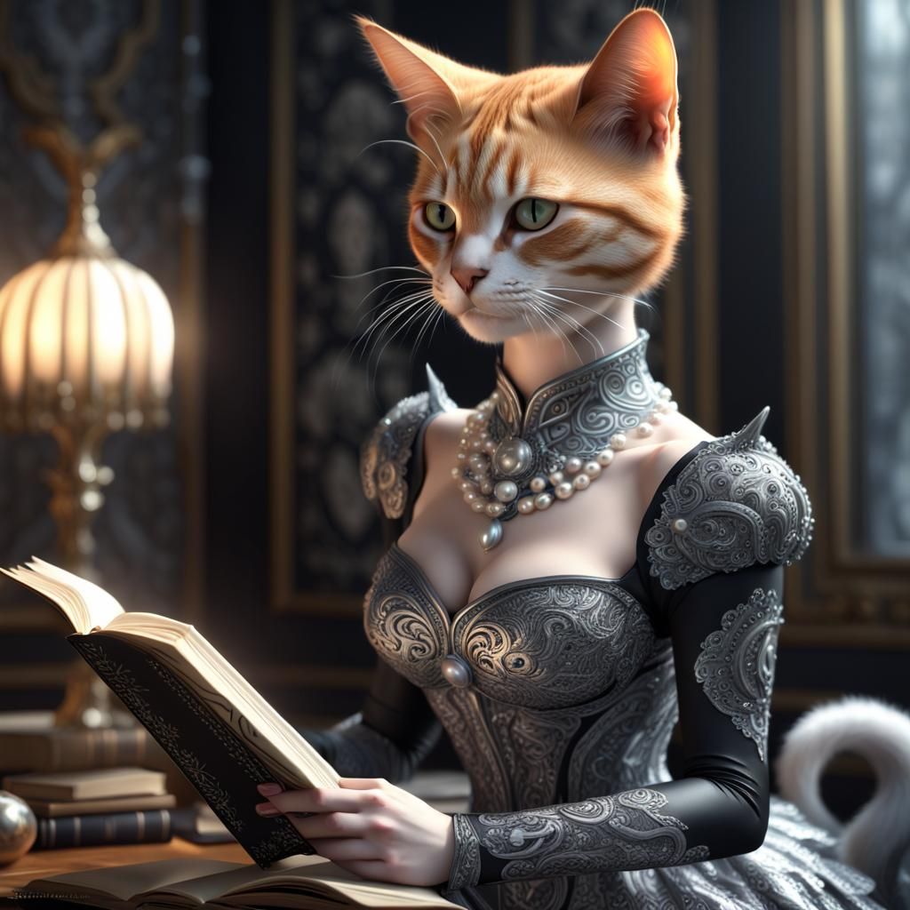 Ginger Feline Woman Reading Book in Fractal Style