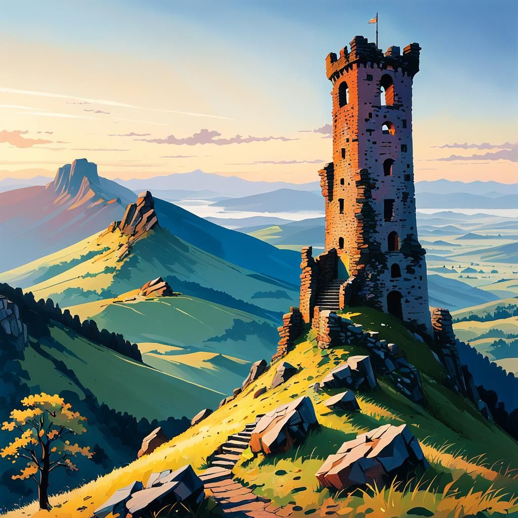 Mountain Peak Tower in Pointillist Style