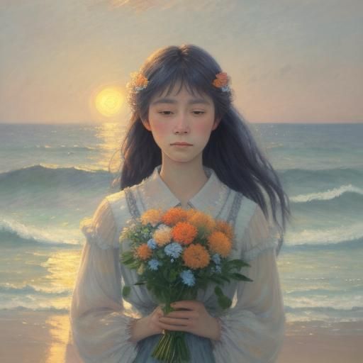 Impressionistic Portrait of Woman with Flower by the Sea