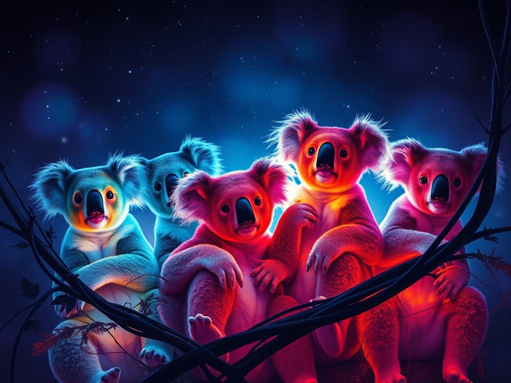 Vivid Watercolor Painting of Joyful Koalas