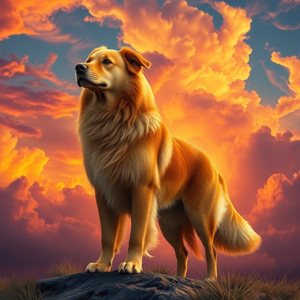 Golden Dog Stands Heroically Amidst Vibrant Sunset