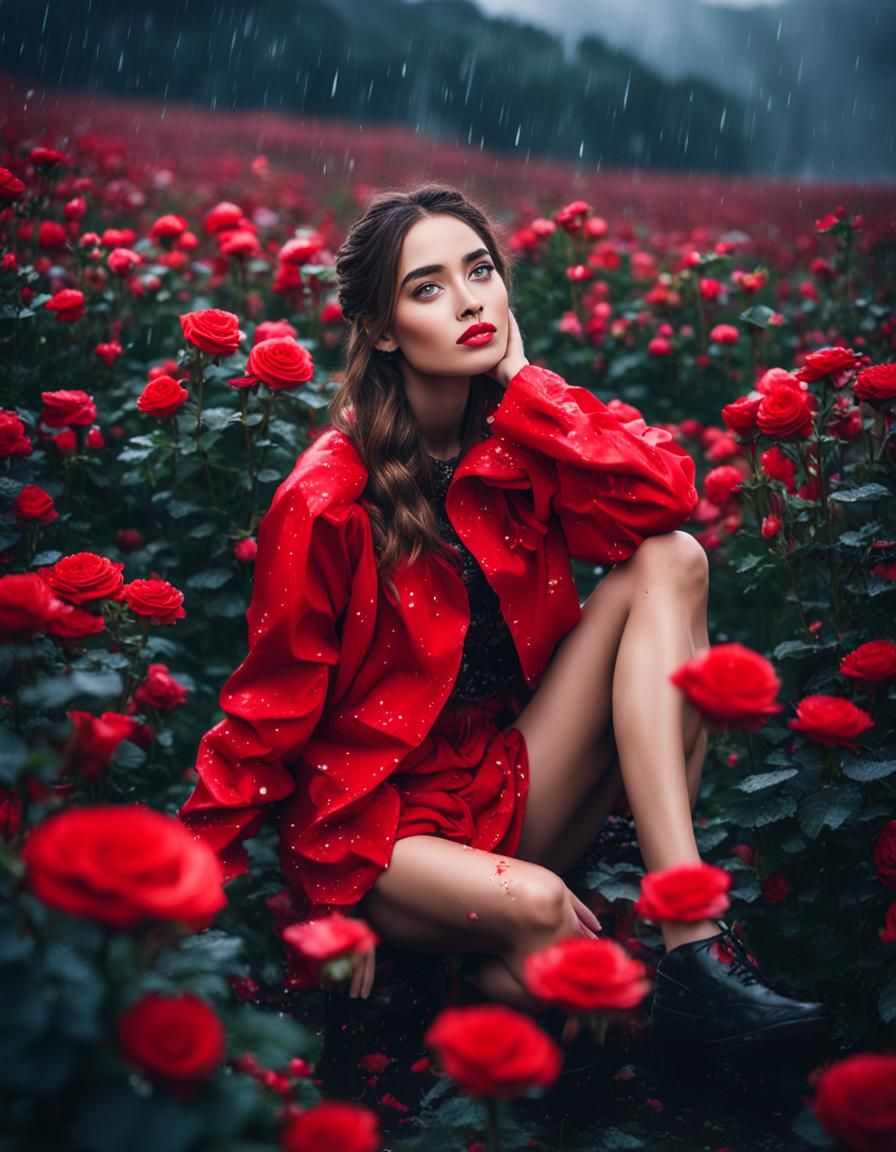 Lady in Red: Enchanted Rose Valley in Rain
