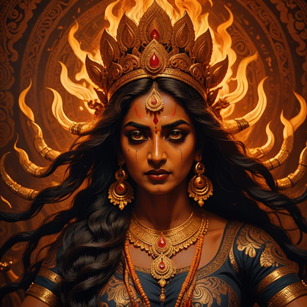 Vibrant Hindu Goddess Kali Maa in Cinematic Flames