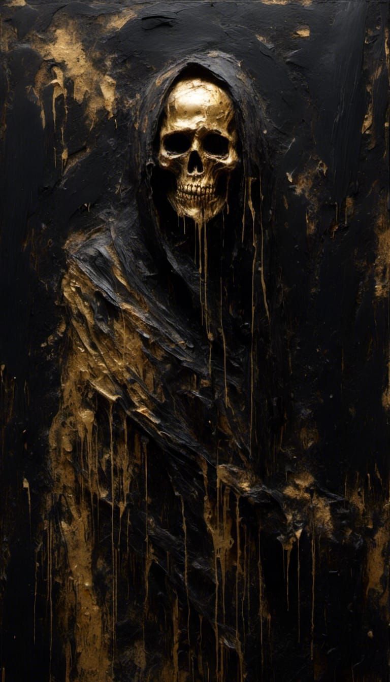 Dark Santa Muerte Painting with Golden Highlights