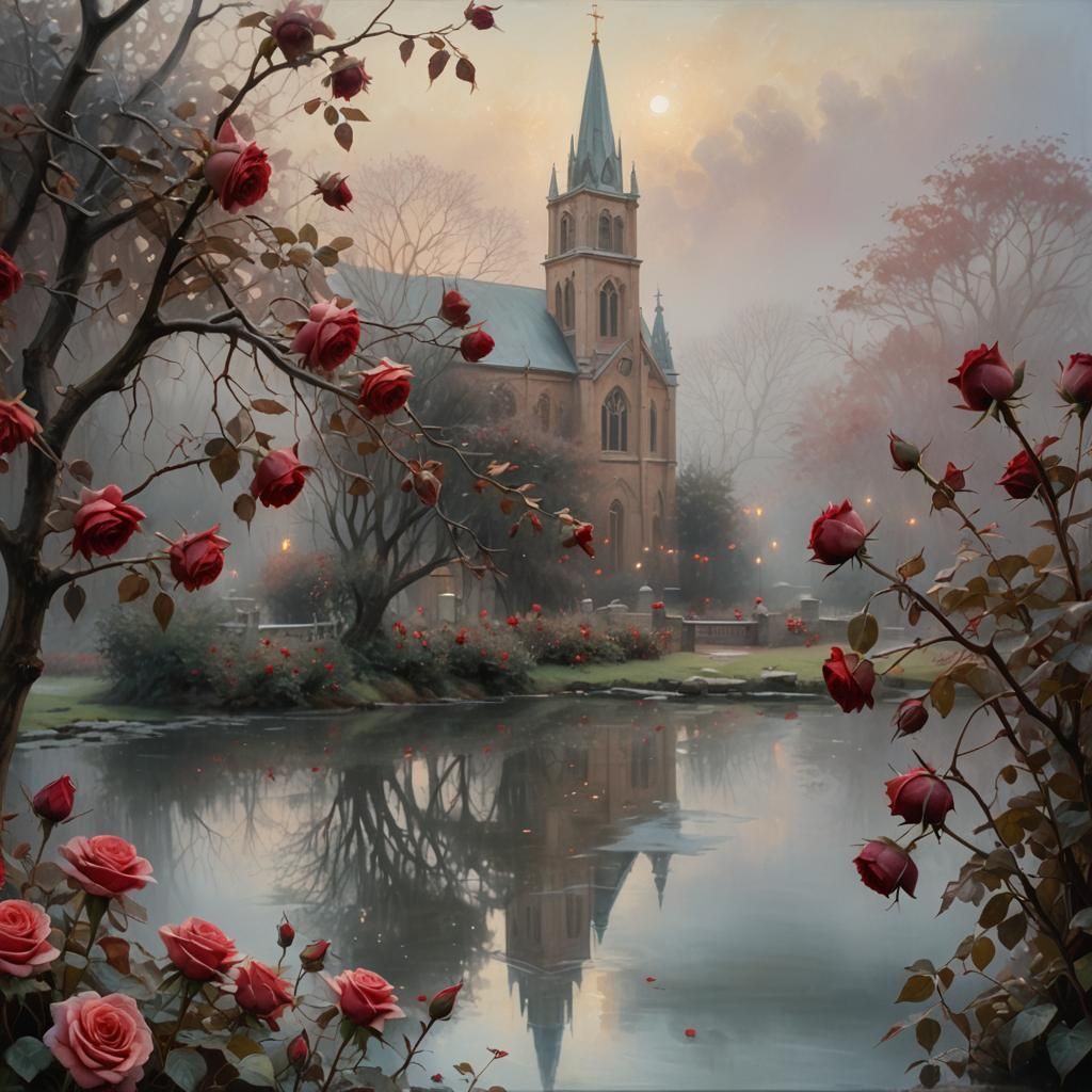 Red roses and church view