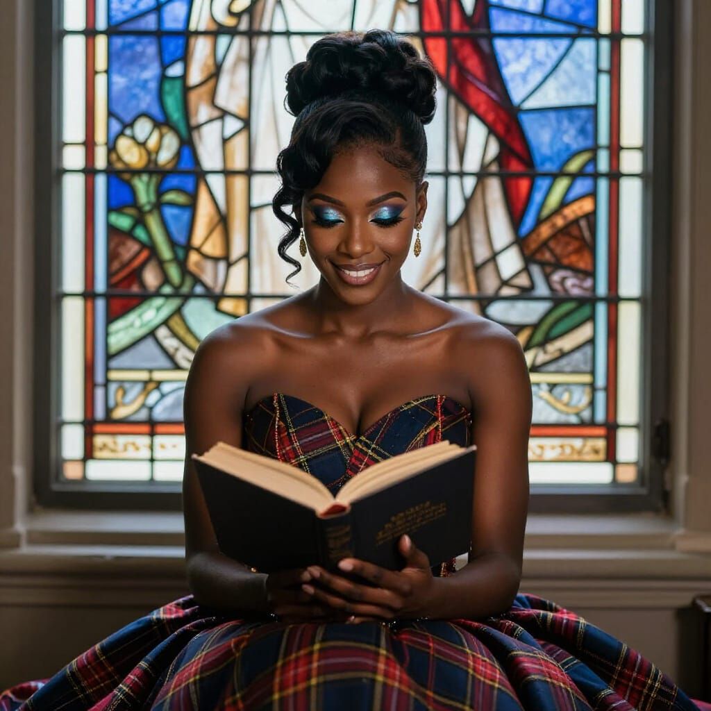African American Woman Reading in Plaid Gown Near Stained Gl...