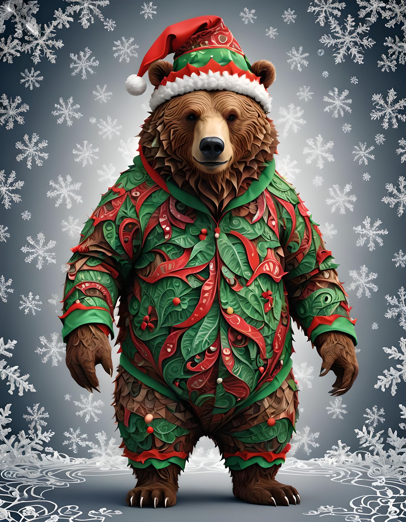 A anthropomorphic Image of a grizzly bear  wearing a Christmas elf suit abstract vector fractal, wave function, Zentangl...