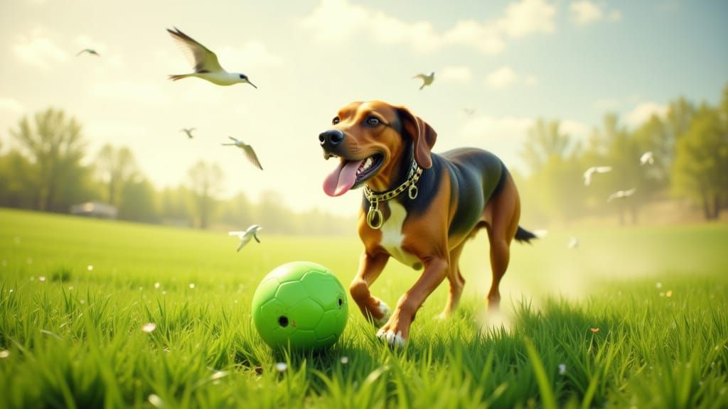 Brindle Hound Dog Chasing Football in Dadaism Style