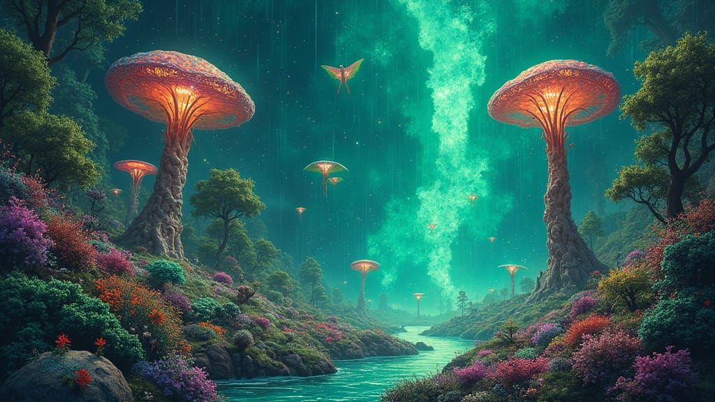 Ethereal Gas-Filled Landscape with Luminous Flora and Majest...