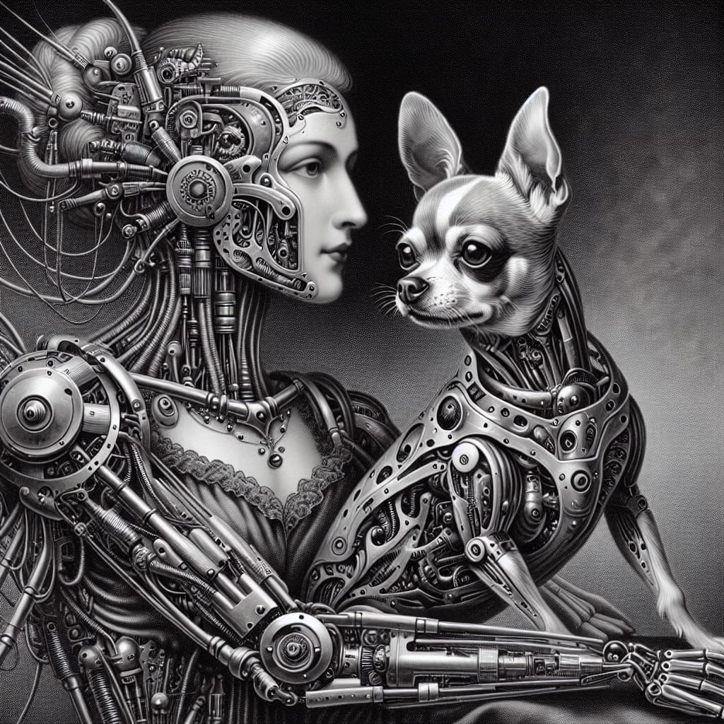 Biomechanical Alien Woman and Cyber Chihuahua in Steampunk S...