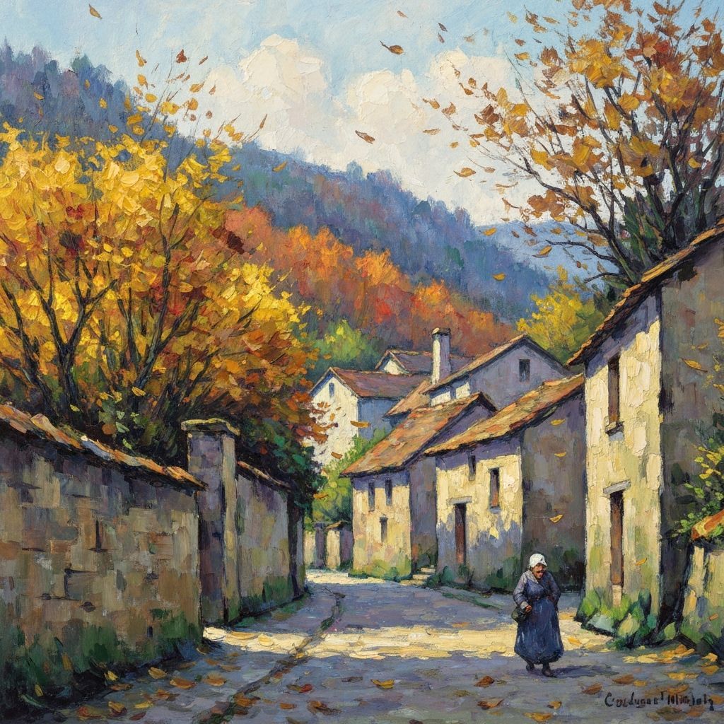 Autumn Village Street in Cezanne & Monet Style
