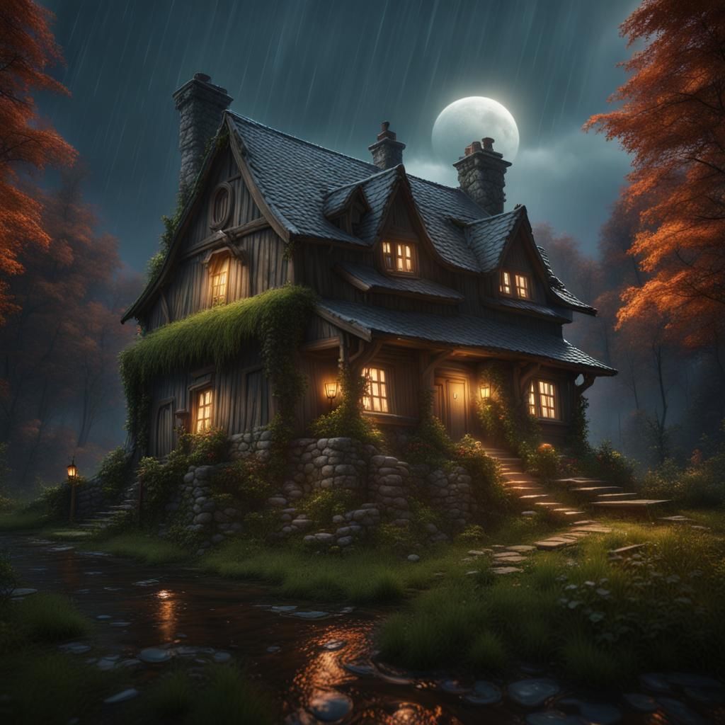 Cottage in Forest with Saturn, Fantasy Concept Art