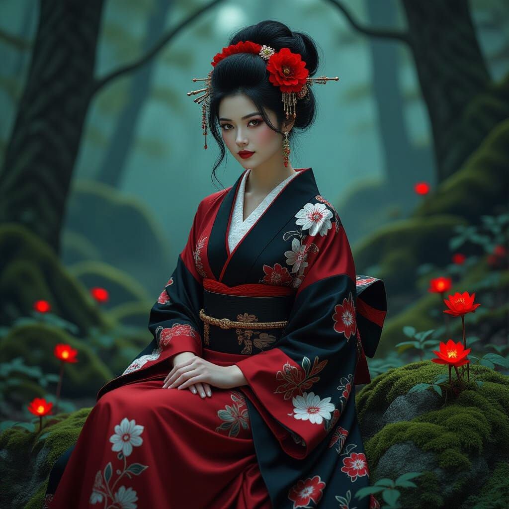 Ethereal Woman in Mystical Forest, Art Nouveau Style