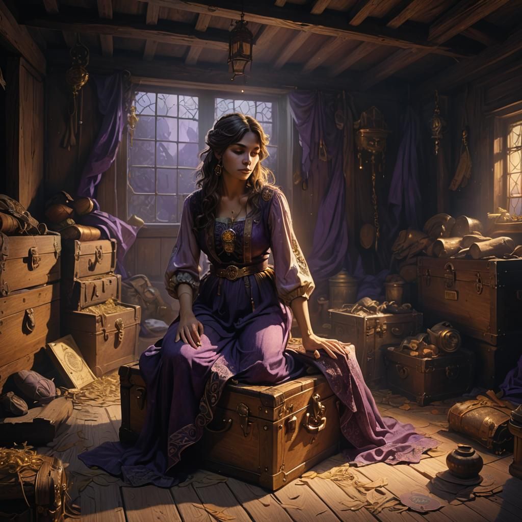 Girl Opens Light-emitting Trunk in Dark Fantasy Attic