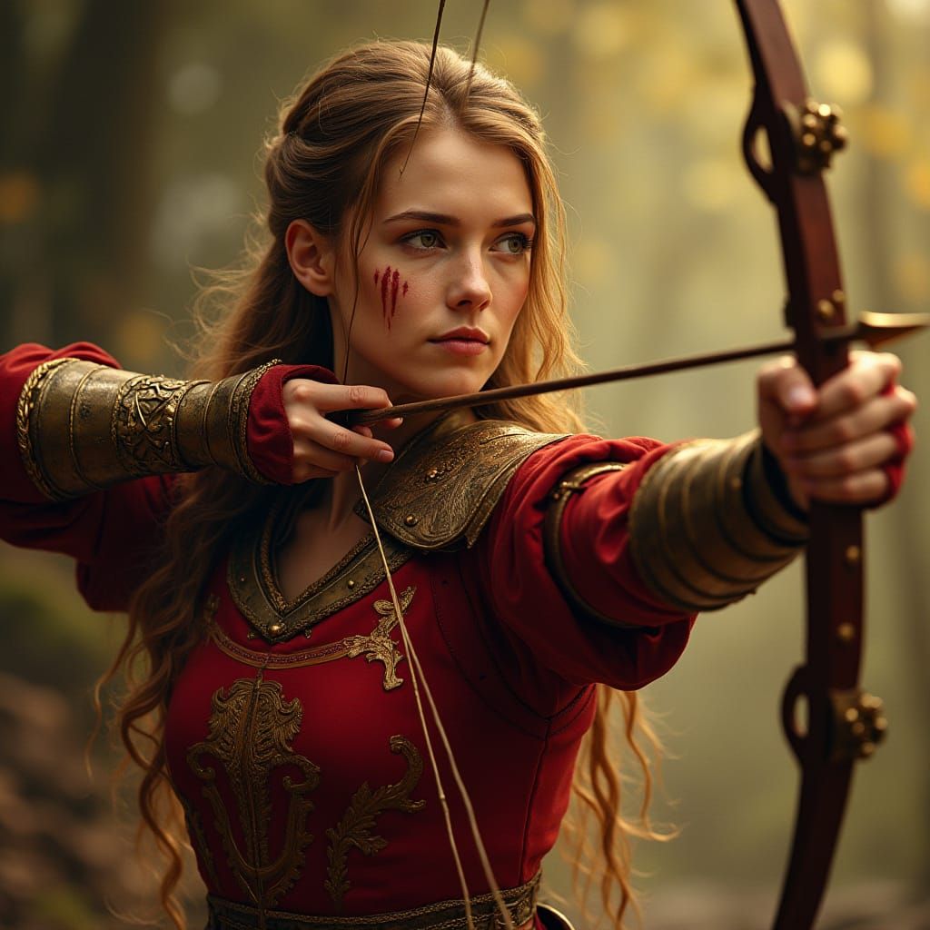 Medieval Archeress in Elegant Red and Gold Armor