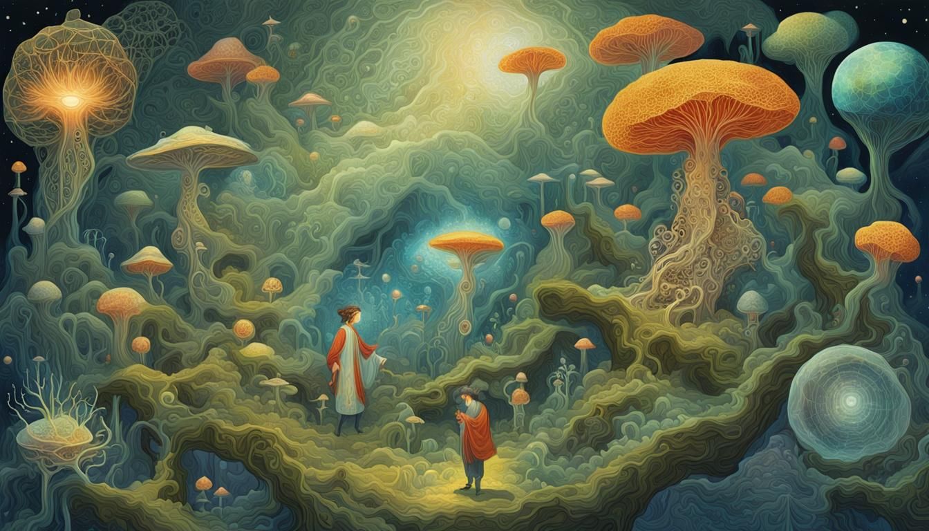 Mycelial Dervish with Detailed Faces and Symbols