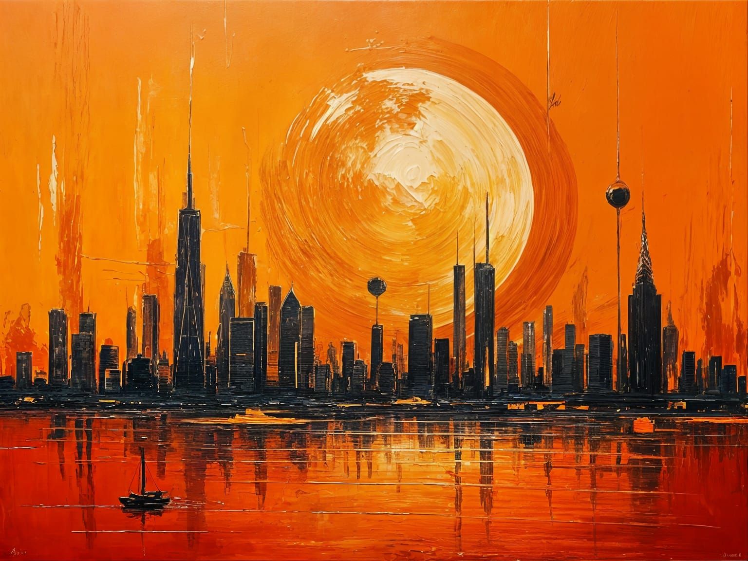 Surreal Orange Cityscape at Sunset as Impasto Painting