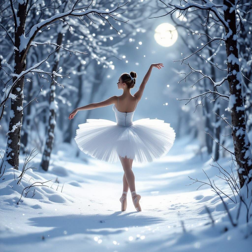Ballerina Dancing in Snowy Forest Under Moonlight