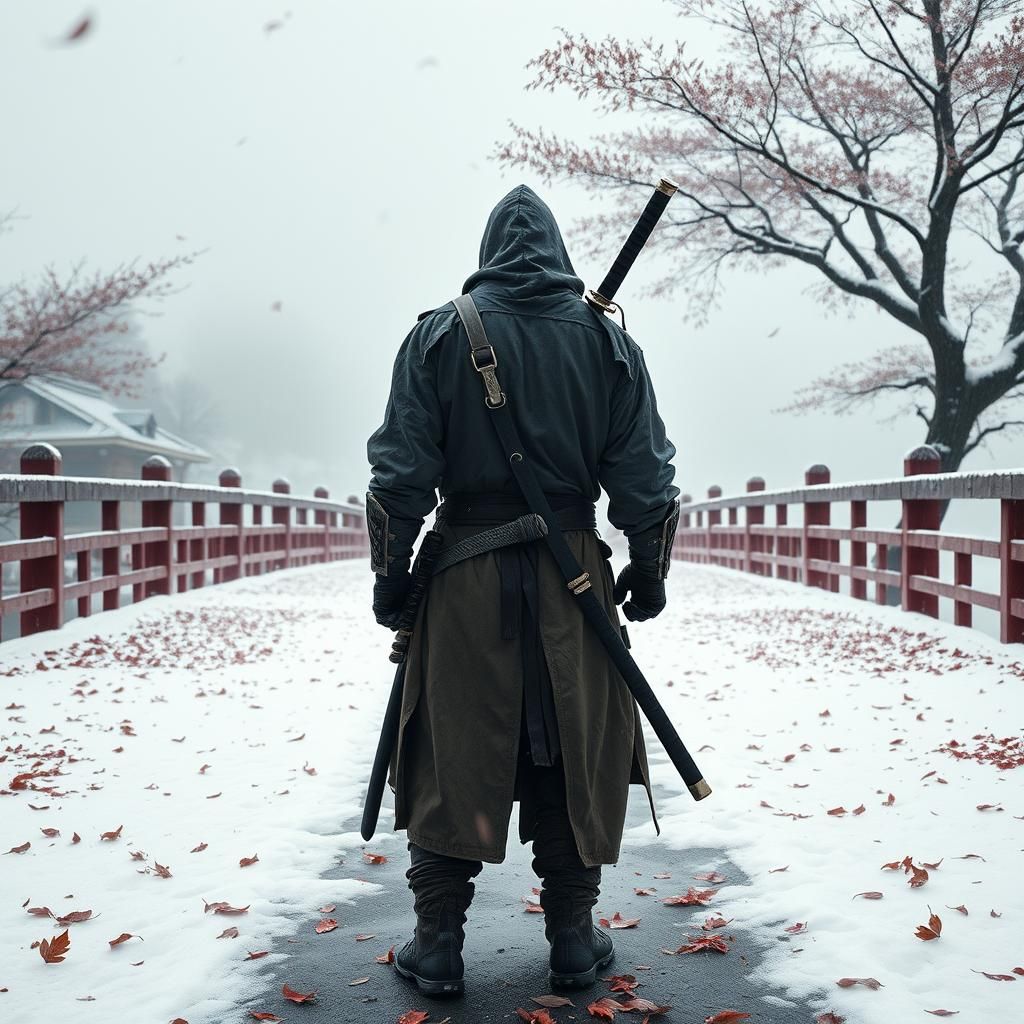 Ninja on Snowy Bridge with Autumn Leaves