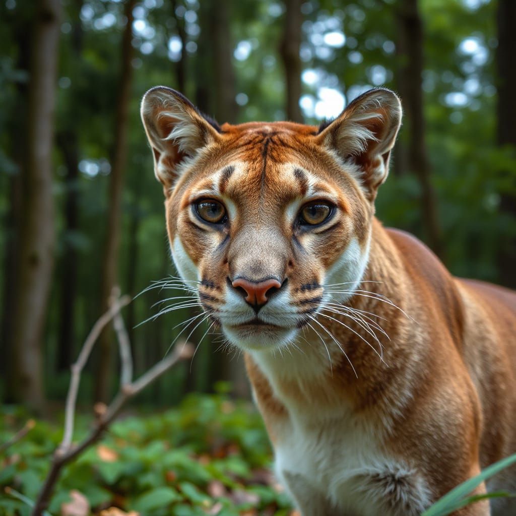 Wild Puma Caught in a Gaze, Forest Landscape in the Backgrou...