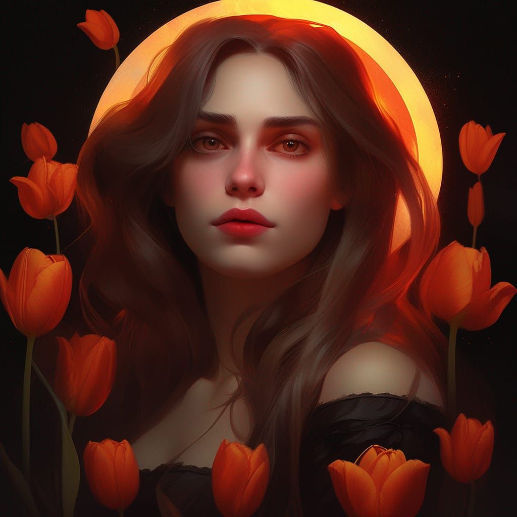 Eerie Victorian Woman with Tulips in Gothic Horror Style