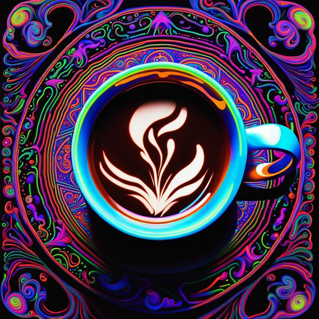Psychedelic Neon Coffee Cup in Black Light Style