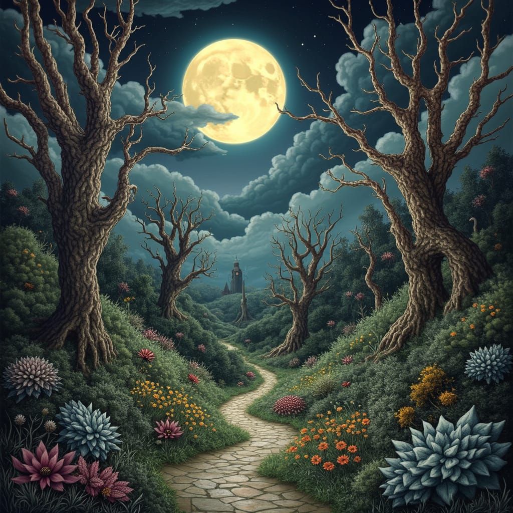 Whimsical Valley in Moonlit Twilight
