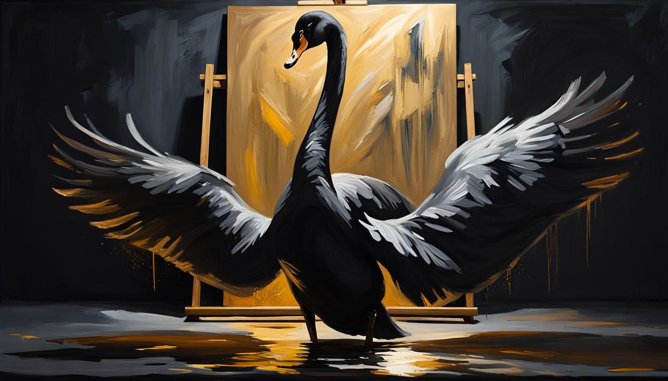 Black Swan Painting with Golden Highlights