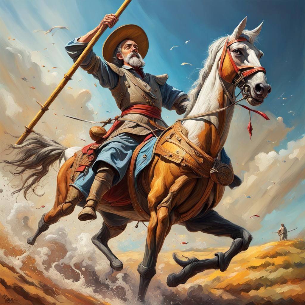 Don Quixote Battles Giants in Hyperrealistic Splash Art