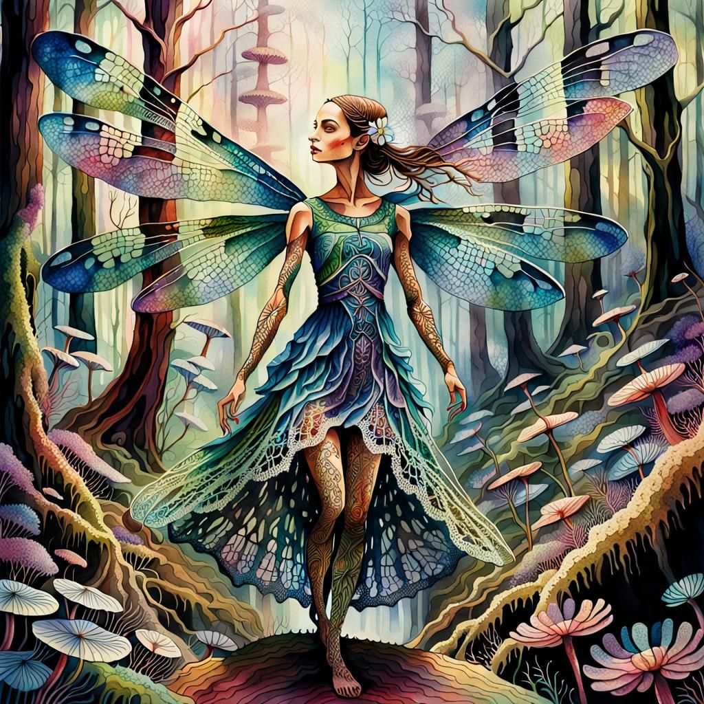 Dragonfly-Human Hybrid Dancing in Watercolor Forest